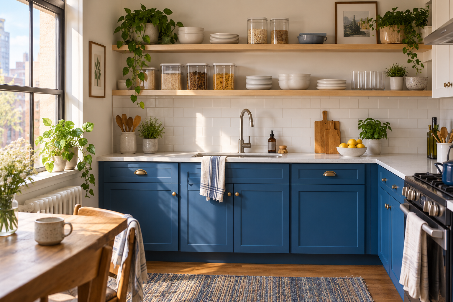 Illustrative compact kitchen with blue cabinets, wooden shelves, and neatly arranged everyday essentials